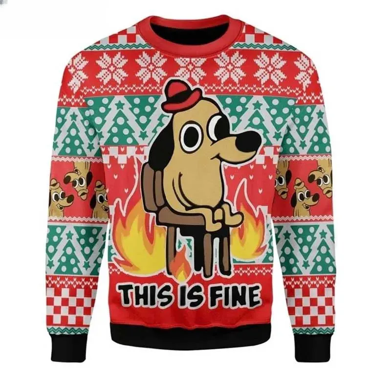 This Is Fine Dog in Fire Meme Ugly Christmas Sweater, Funny Meme Holiday Sweater, Unisex All Over Print Xmas Party Sweatshirt