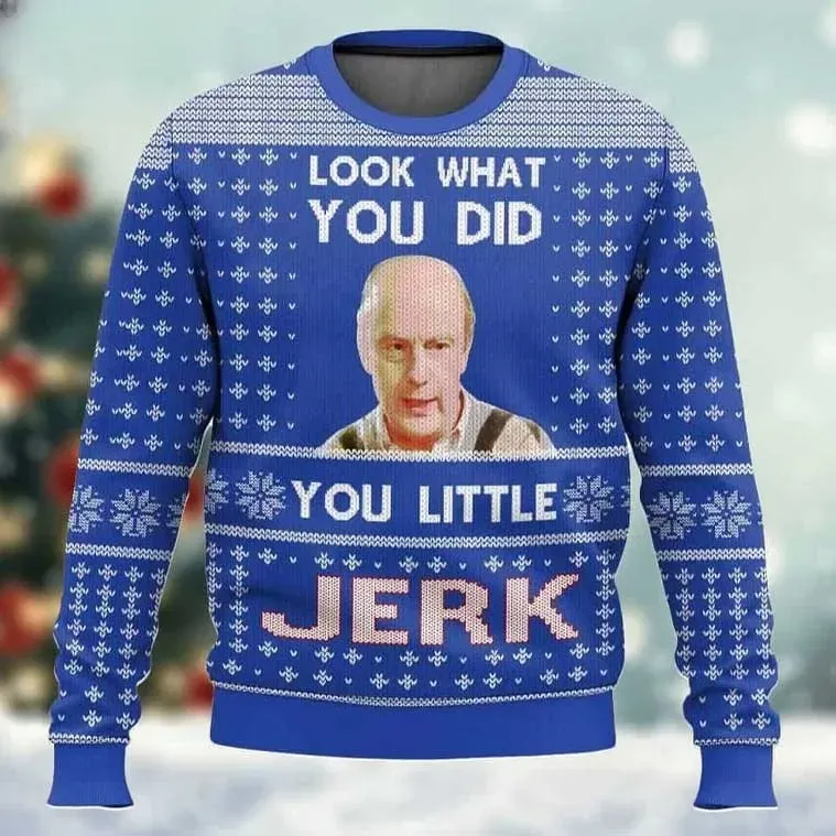 Home Alone You Little Jerk Meme Ugly Christmas Sweater, Funny Movie Holiday Sweater, Unisex All Over Print Xmas Sweatshirt for Fans