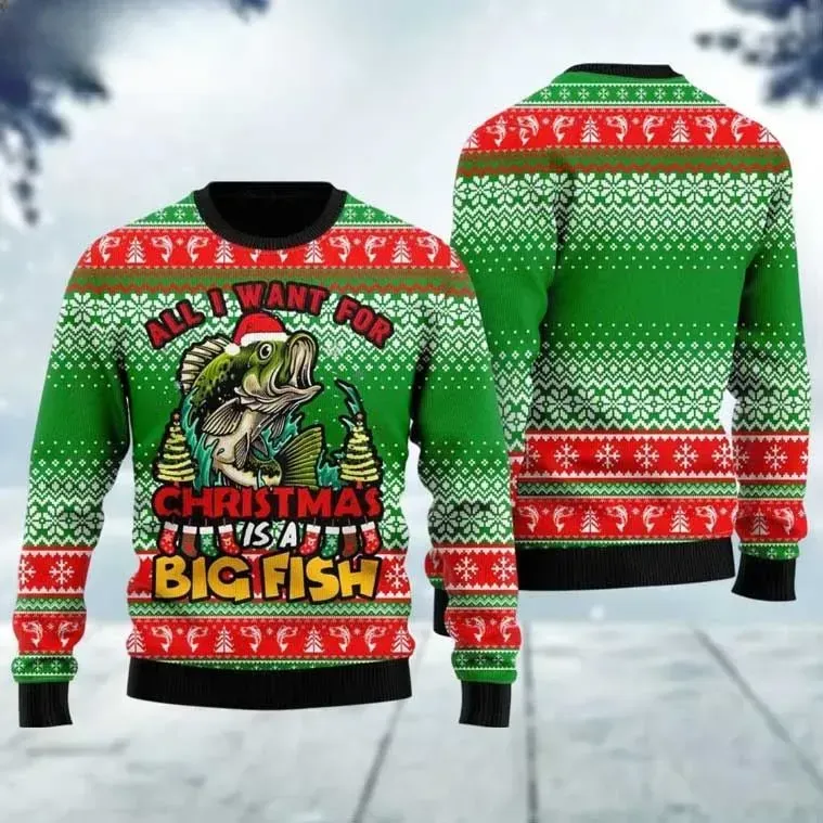 Fishing All I Want For Christmas Is A Big Fish Ugly Sweater, Funny Bass Fisherman Holiday Sweater, Outdoor Angler Xmas Jumper, Unisex