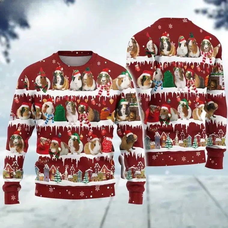 Guinea Pig Ugly Christmas Sweater, Cute Cavies in Santa Hats Holiday Xmas Jumper, Unisex Funny Pet Lover Party Sweatshirt