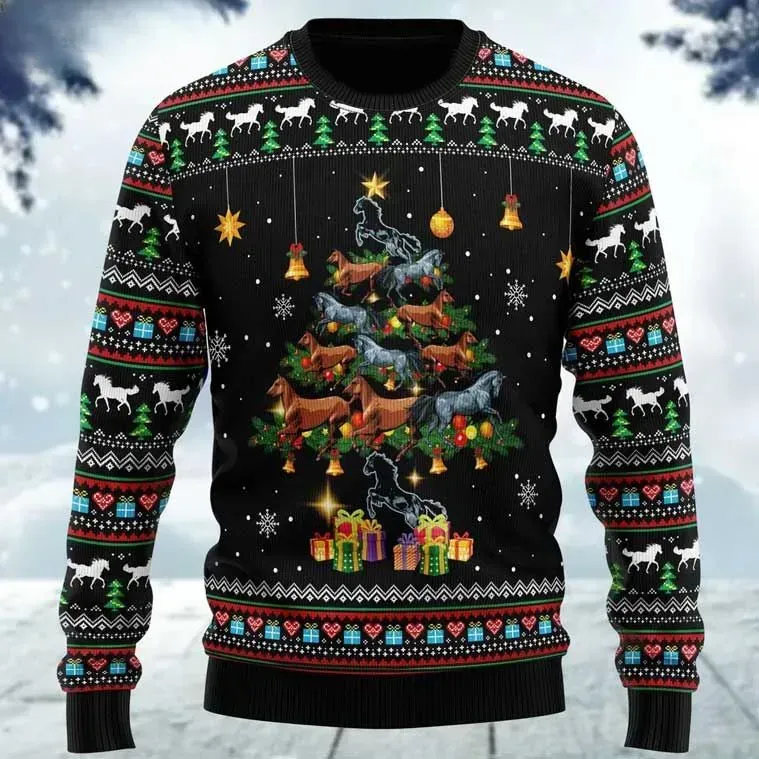 Horse Christmas Tree Ugly Sweater, Equestrian Holiday Sweater With Galloping Horses, Unisex Horse Lover Rider Xmas Jumper