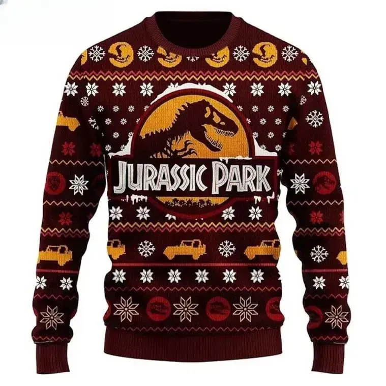 Jurassic Park Ugly Christmas Sweater, Dinosaur T-Rex Logo Classic Movie Holiday Sweater, Unisex All Over Print Party Xmas Jumper