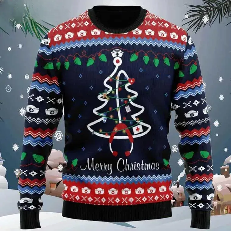 Nurse Merry Christmas Ugly Christmas Sweater, Stethoscope Christmas Tree Holiday Sweater, Unisex Medical Staff Nursing Xmas Jumper