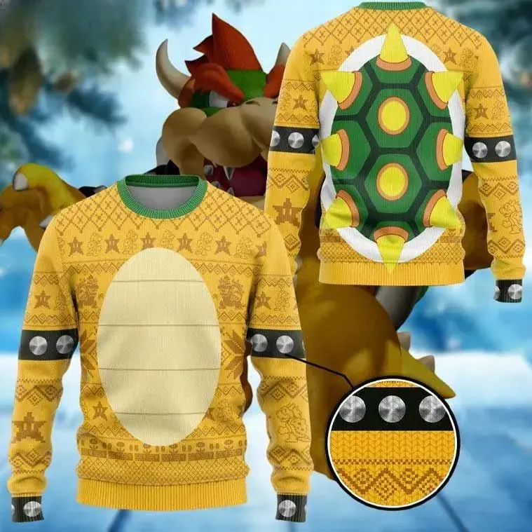 Super Mario Bowser Ugly Christmas Sweater, Koopa King Shell Costume Holiday Sweater, Unisex Nintendo Gamer Cosplay Party Xmas Jumper