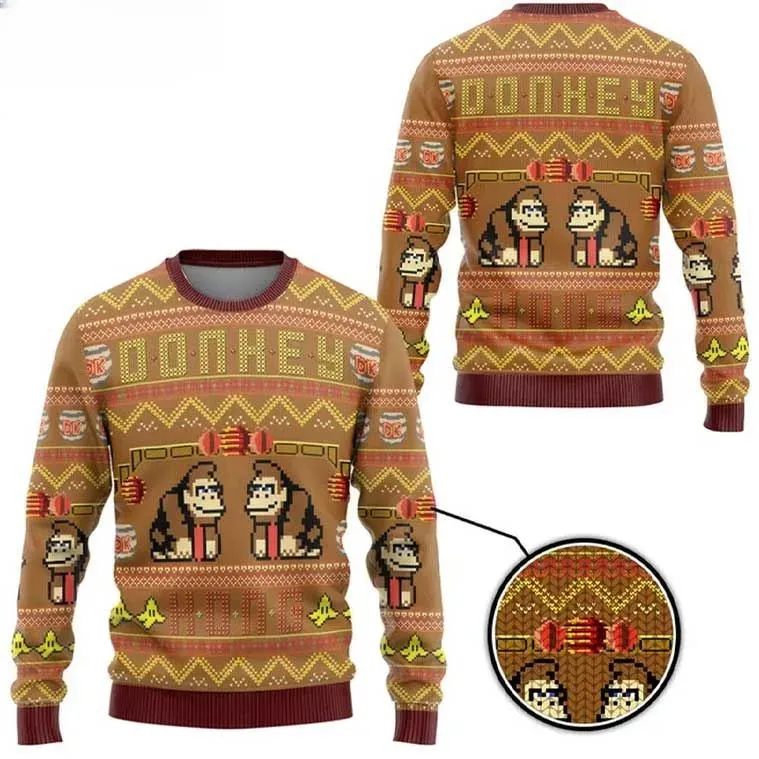 Super Mario Donkey Kong Ugly Christmas Sweater, Retro Pixel DK Holiday Sweater, Unisex Nintendo Gamer Party Xmas Jumper