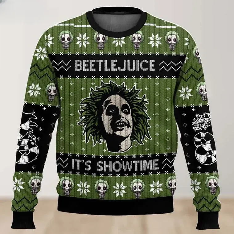 Beetlejuice It's Show Time Ugly Christmas Sweater, Sandworm Striped Horror Movie Holiday Sweater, Unisex Green Xmas Sweatshirt