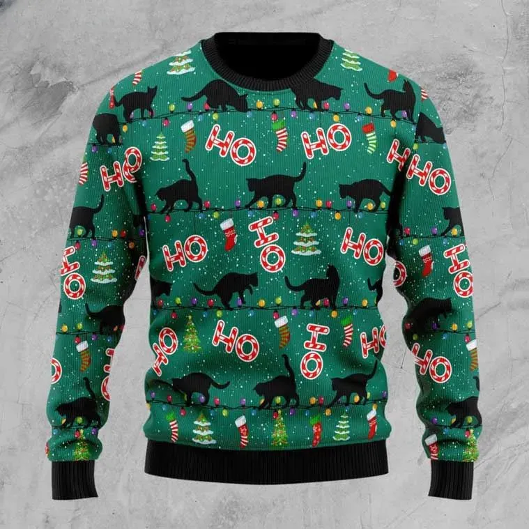 Black Cat Ho Ho Ho Ugly Christmas Sweater, Cat Lover Holiday Sweater With Stockings and Lights, Unisex Green Xmas Sweatshirt