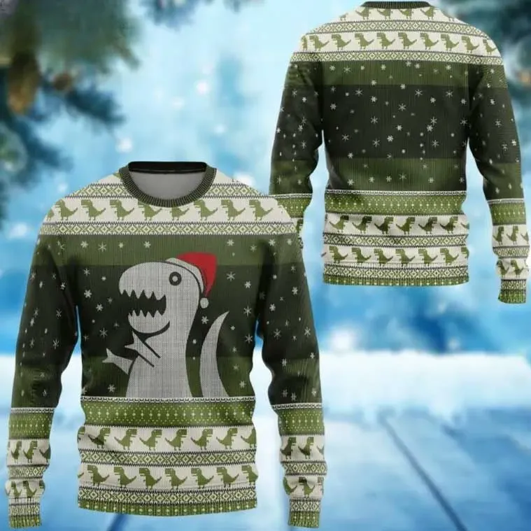 Xmas Dinosaur Ugly Christmas Sweater, T-Rex With Santa Hat Holiday Sweater, Unisex Olive Green Knit Pattern Dino Lover Sweatshirt