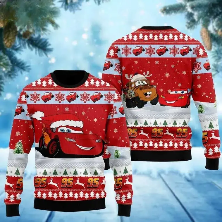 Lightning McQueen Christmas Ugly Sweater, Cars Movie Tow Mater Reindeer Holiday Sweater, Unisex Red Car Lover Xmas Sweatshirt