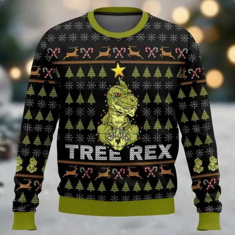 Funny T-Rex Christmas Tree-Rex Ugly Sweater, Dinosaur Wrapped in Lights Holiday Sweater, Unisex Black Dino Lover Xmas Sweatshirt