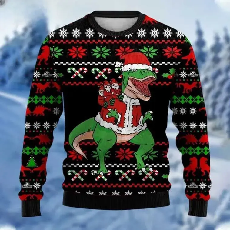 Three Santa Clauses Riding Dinosaur Ugly Christmas Sweater, T-Rex in Santa Suit Holiday Sweater, Unisex Black Dino Xmas Sweatshirt
