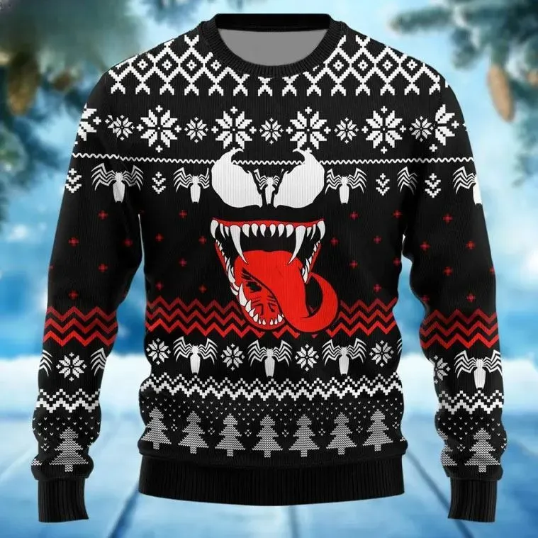 Venom Marvel Holiday Ugly Christmas Sweater, Symbiote Grin Black and Red Knit Pattern Sweater, Unisex Comic Xmas Sweatshirt