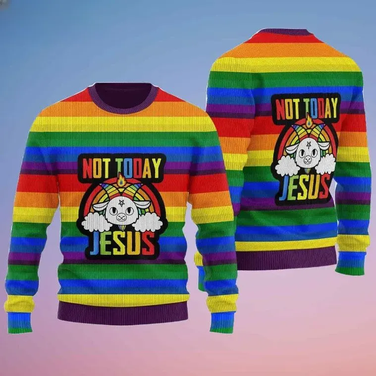 LGBTQ Not Today Jesus Ugly Christmas Sweater, Rainbow Stripe Pride Holiday Sweater, Unisex Funny Goat Xmas Party Sweatshirt