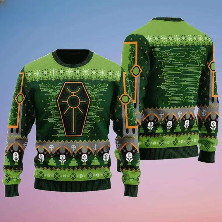 Necron Warhammer 40k Ugly Christmas Sweater, Green Circuit Tomb Glyph Holiday Sweater, Unisex Tabletop Gamer Xmas Sweatshirt