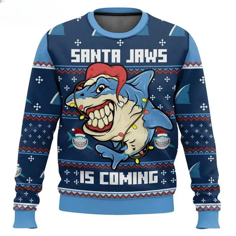 Shark Santa Jaws Is Coming Ugly Sweater, Funny Shark With Santa Hat and Lights Christmas Holiday Sweater, Unisex Navy Xmas Sweatshirt