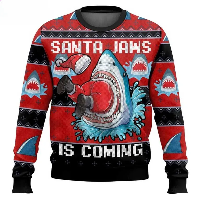 Santa Jaws Funny Shark Ugly Sweater, Great White Shark Swallowing Santa Christmas Holiday Sweater, Unisex Shark Lover Xmas Sweatshirt