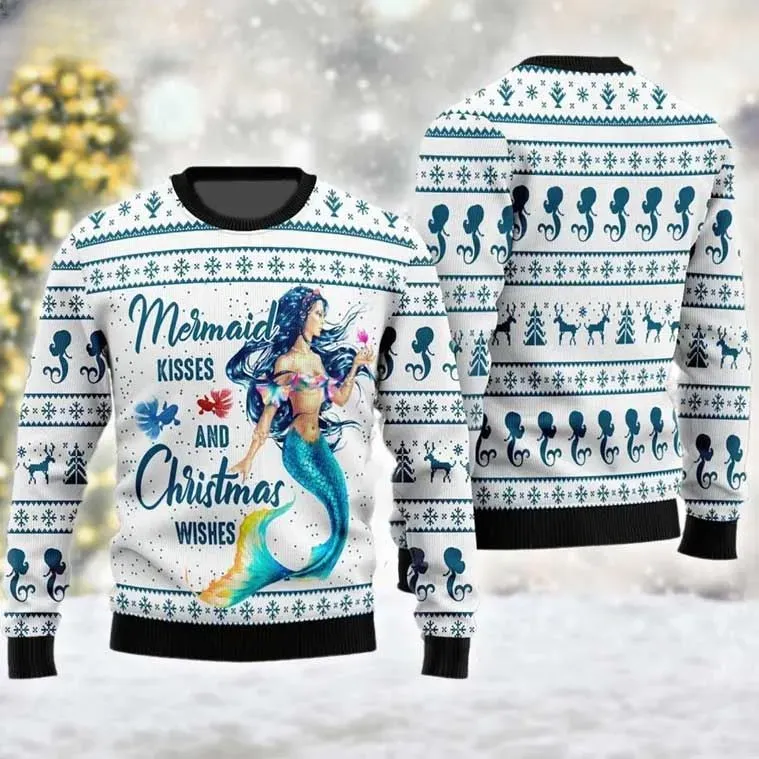 Mermaid Kisses And Christmas Wishes Ugly Sweater, Cute Ocean Mermaid Holiday Sweater, Unisex White and Teal All Over Print Xmas Sweatshirt