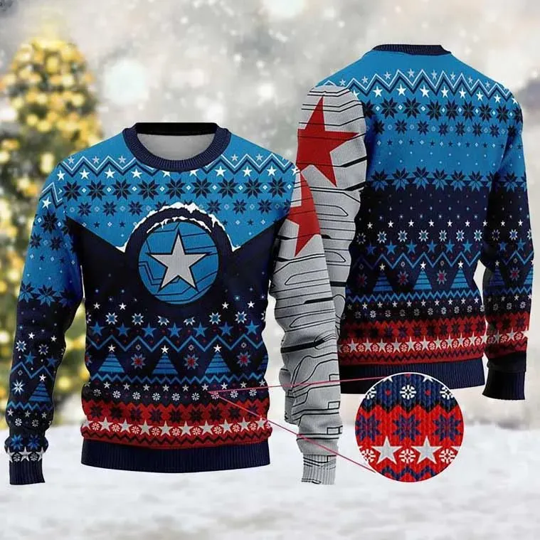 Winter Soldier Bucky Barnes Marvel Superhero Ugly Christmas Sweater, Marvel Fan Holiday Sweater, Unisex All Over Print Xmas Sweatshirt