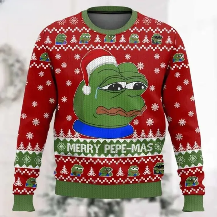 Pepe The Frog Funny Meme Christmas Ugly Sweater, Merry Pepe-Mas Santa Hat Holiday Sweater, Unisex Red All Over Print Xmas Sweatshirt