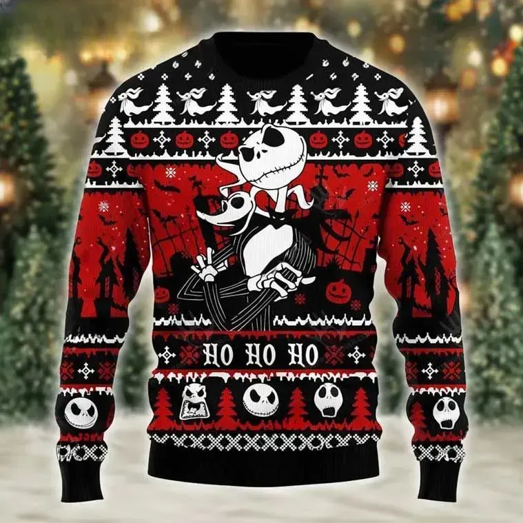 Jack Skellington Nightmare Before Christmas Ugly Sweater, Ho Ho Ho Zero Ghost Dog Spooky Season Holiday Sweater, Unisex Xmas Sweatshirt