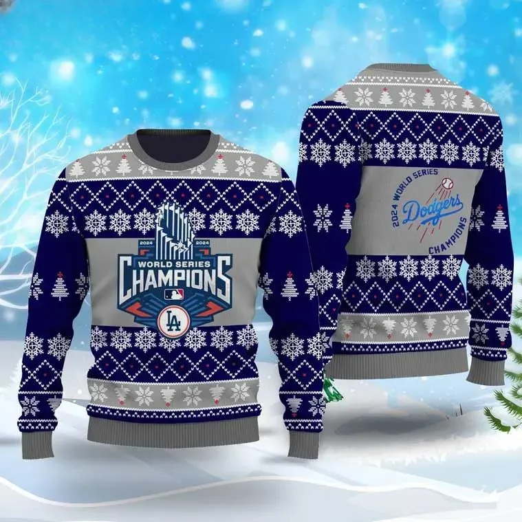 LA Dodgers 2024 World Series Champions Ugly Sweater, Los Angeles Dodgers MLB Baseball Christmas Sweater, Unisex Xmas Holiday Sweatshirt