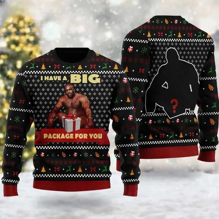 Barry Wood I Have Big Package For You Ugly Christmas Sweater, Funny Adult Humor Meme Holiday Sweater, Unisex White Elephant Xmas Sweatshirt