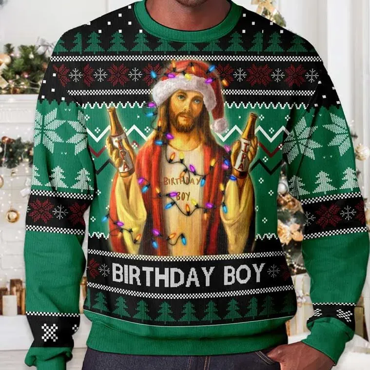 Jesus Birthday Boy Funny Christian Ugly Christmas Sweater, Santa Hat Jesus Church Party Holiday Sweater, Unisex Green Xmas Sweatshirt