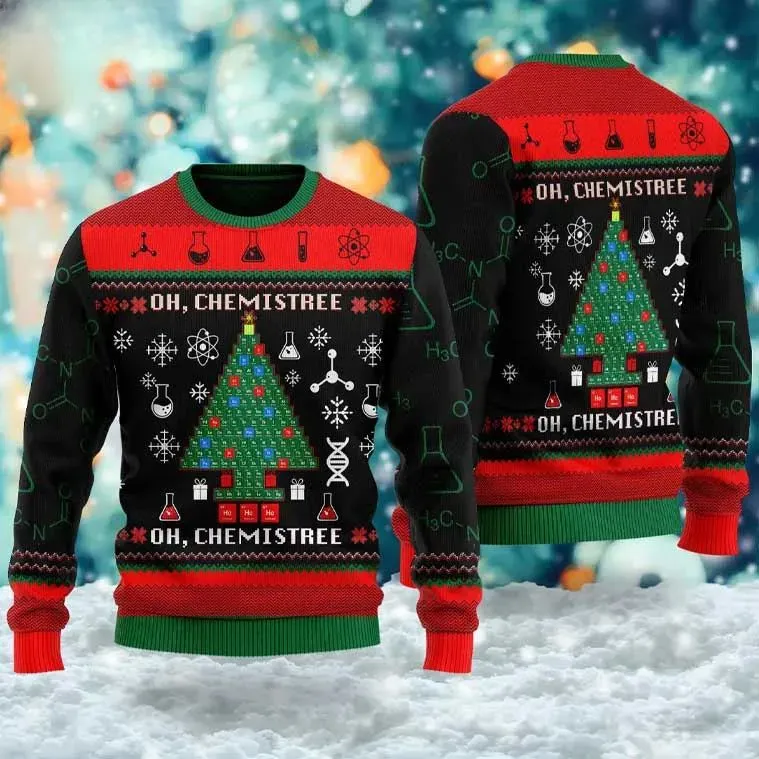 Oh Chemistree Science Ugly Christmas Sweater, Chemistry Pun Christmas Tree Holiday Sweater, Unisex Science Teacher Xmas Sweatshirt