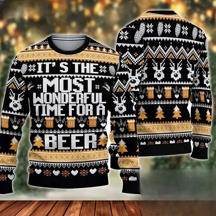 It's The Most Wonderful Time For A Beer Ugly Christmas Sweater, Funny Beer Lover Drinking Party Holiday Sweater, Unisex Xmas Sweatshirt