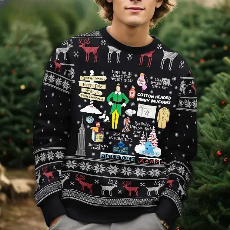 Buddy The Elf Movie Ugly Christmas Sweater, Cotton Headed Ninny Muggins Funny Holiday Sweater, Unisex All Over Print Xmas Sweatshirt