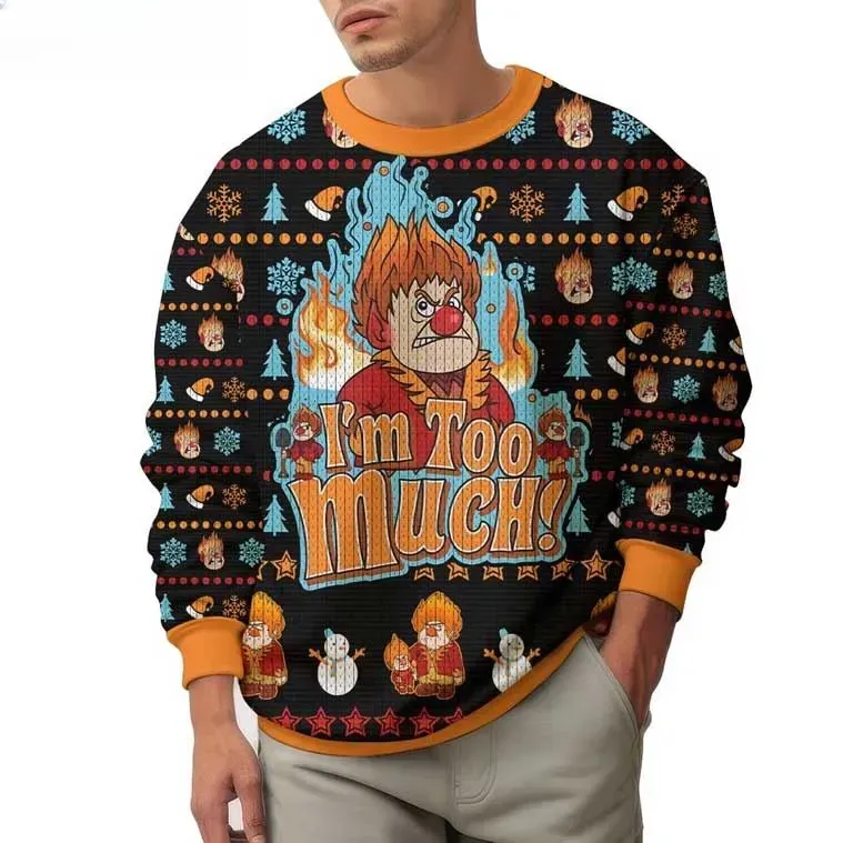 Heat Miser The Year Without A Santa Claus Ugly Sweater, I'm Too Much Retro Holiday Movie Christmas Sweater, Unisex Xmas Sweatshirt