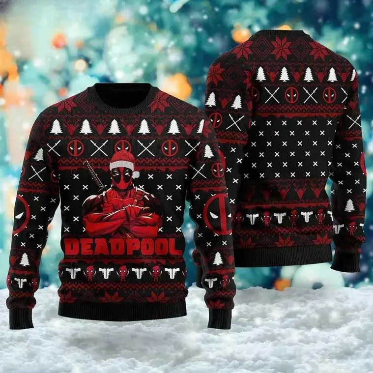 Deadpool Marvel Ugly Christmas Sweater, Santa Hat Deadpool Funny Superhero Holiday Sweater, Unisex Marvel Comics Xmas Sweatshirt