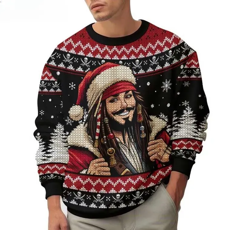 Jack Sparrow Pirates Of The Caribbean Ugly Christmas Sweater, Captain Jack Santa Hat Disney Holiday Sweater, Unisex Xmas Sweatshirt