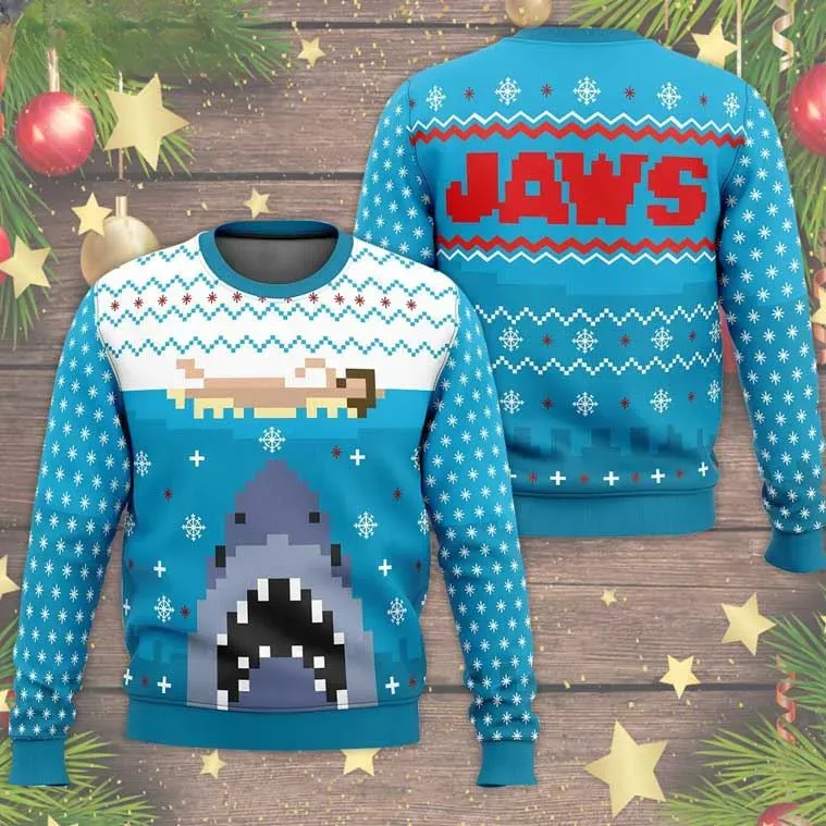 Jaws Blue Knitting Pattern Ugly Christmas Sweater, Retro Shark Movie Pixel Art Holiday Sweater, Unisex All Over Print Xmas Sweatshirt