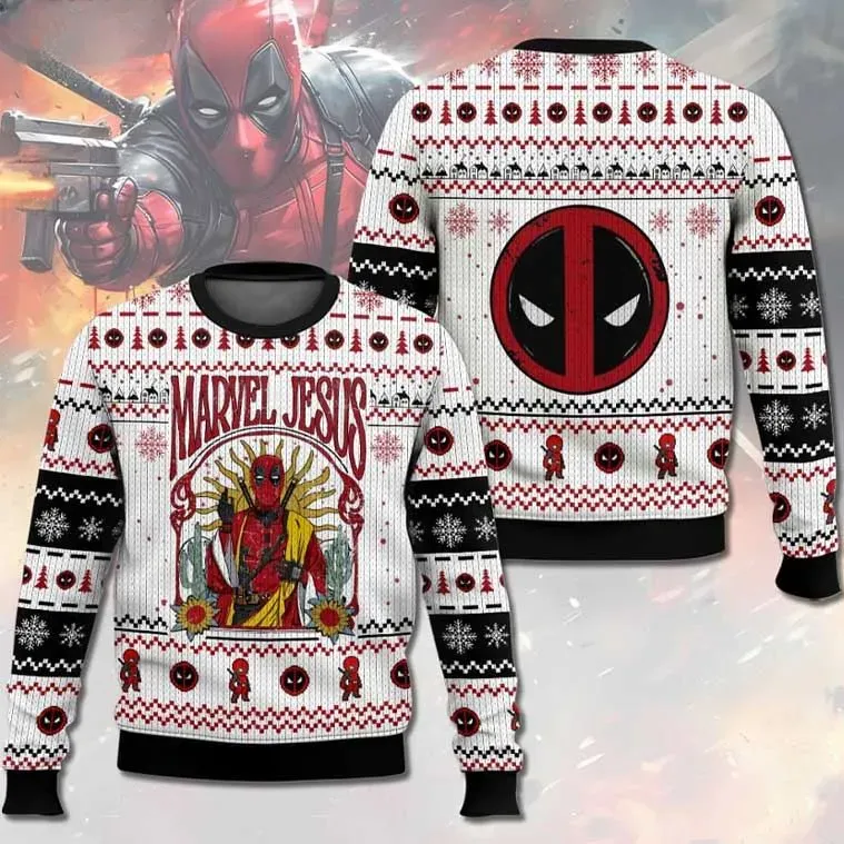 Marvel Jesus Deadpool Ugly Christmas Sweater, Funny Christian Holiday Sweater, Unisex Xmas Sweatshirt For Marvel Fans