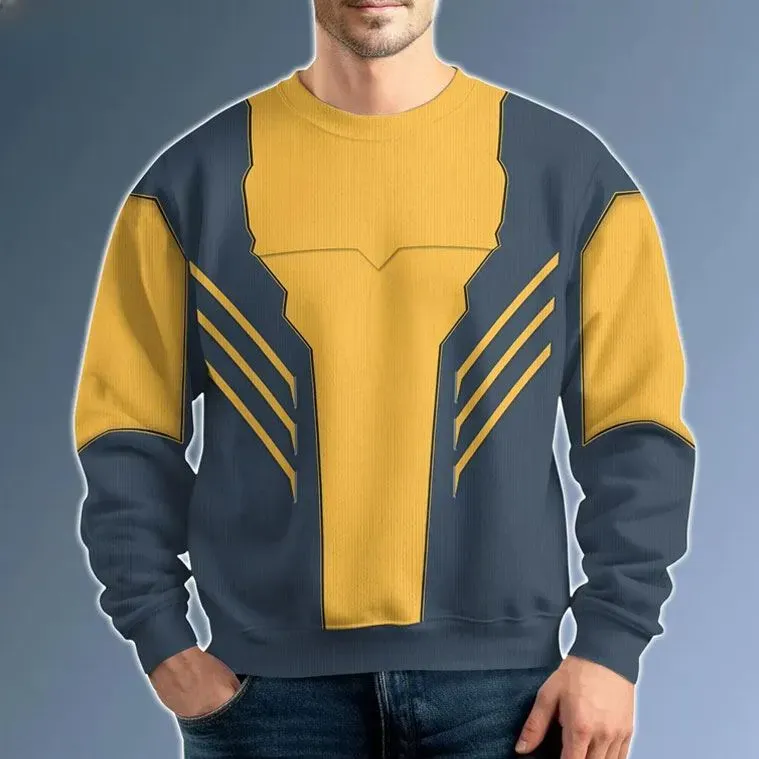 Wolverine Cosplay Costume 3D Sweater, X-Men Superhero Yellow And Blue Suit Sweatshirt, Unisex All Over Print Pullover, Comic Con Outfit