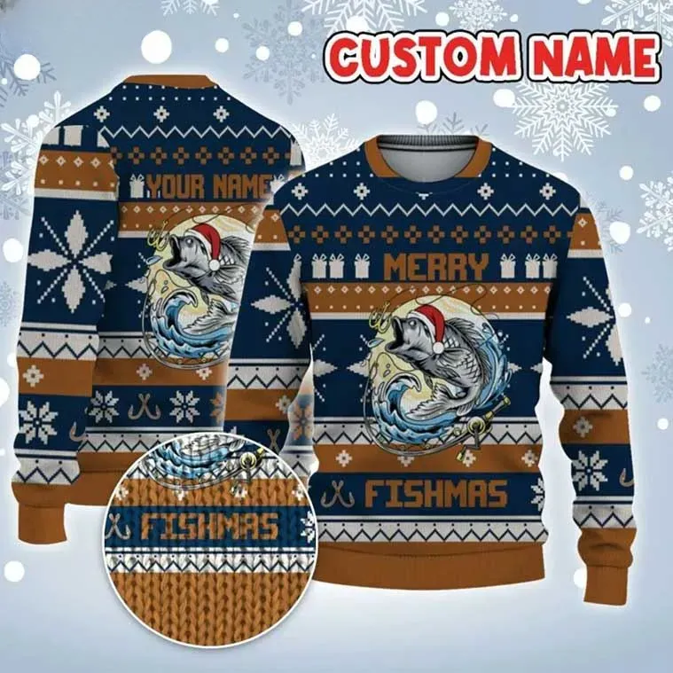 Fishing Lover Merry Fishmas Custom Ugly Sweater, Personalized Name Bass Angler Christmas Sweater, Xmas Jumper For Fishermen