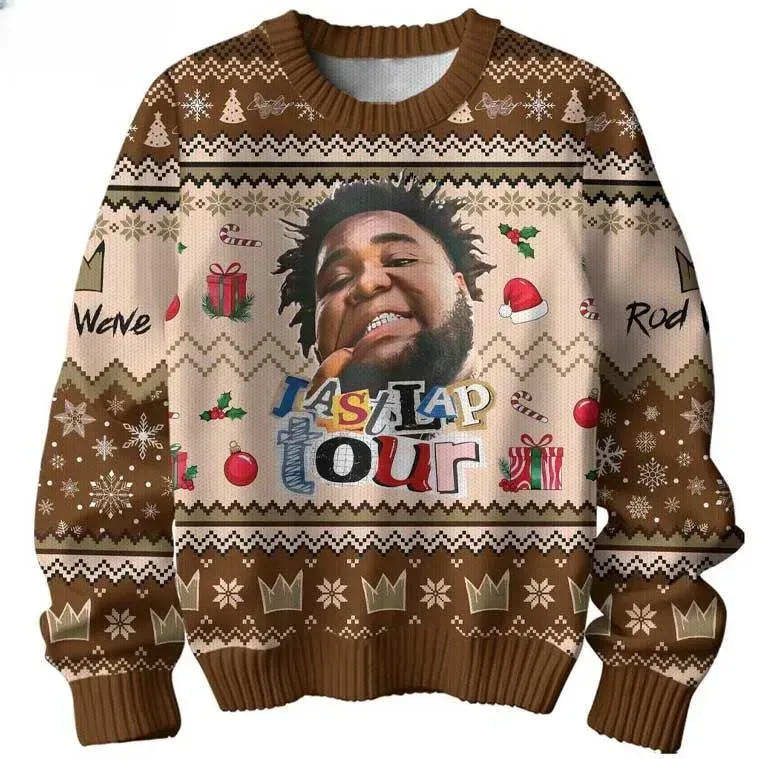 Rod Wave The Last Lap Tour Ugly Christmas Sweater, Rapper Fan Holiday Sweater, Brown Knit Look Xmas Jumper For Hip Hop Fans