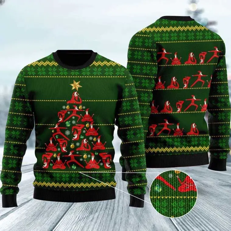 Santa Yoga Poses Christmas Tree Ugly Christmas Sweater, Funny Yoga Lover Holiday Sweater, Unisex All Over Print Xmas Sweatshirt