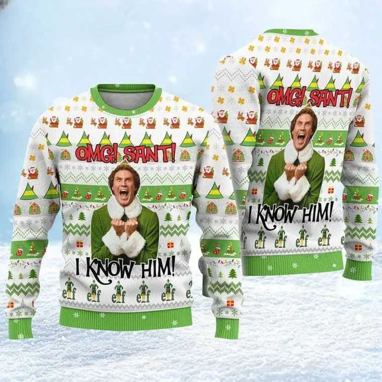 Elf Buddy Santa I Know Him Ugly Christmas Sweater, Will Ferrell Movie Holiday Sweater, OMG Santa Green And White Xmas Jumper