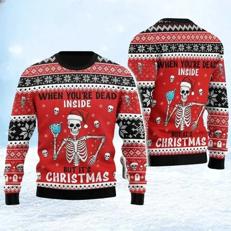 Funny Skeleton Dead Inside But It's Christmas Ugly Sweater, Sarcastic Santa Hat Skull Holiday Sweater, Dark Humor Xmas Party Outfit