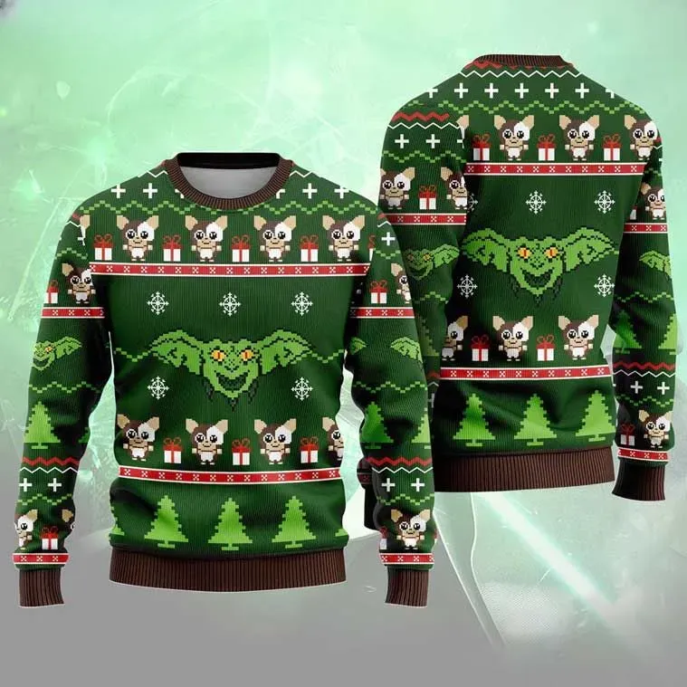 Gremlins Gizmo Mogwai Ugly Christmas Sweater, Pixel Art Holiday Sweater, Retro 80s Horror Comedy Movie Xmas Jumper For Fans