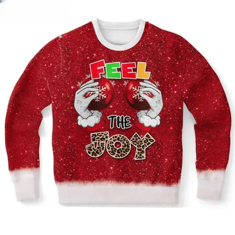 Feel The Joy Sleigh Vibes Only Funny Ugly Christmas Sweater, Red Glitter Holiday Sweater, Naughty Xmas Party Outfit For Women