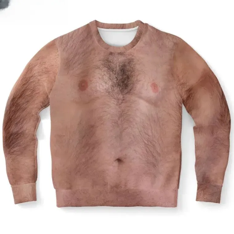 Hairy Chest Funny Ugly Christmas Sweater, Realistic Hairy Body Holiday Sweater, Unisex All Over Print Xmas Party Gag Sweatshirt