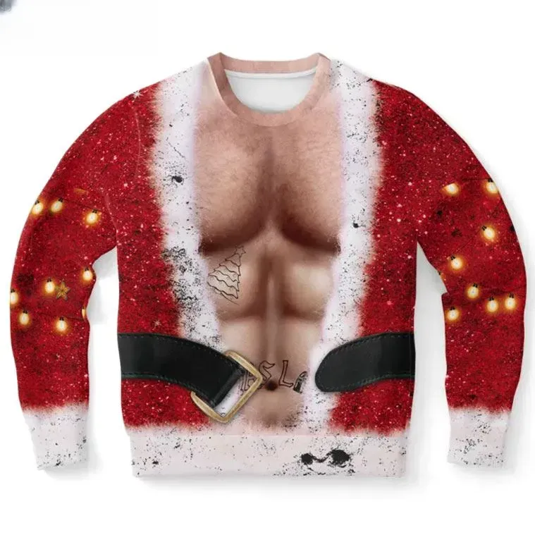 Buff Santa Funny Ugly Christmas Sweater, Muscle Abs Six Pack Suit Costume Holiday Sweater, Gym Lover Xmas Party Outfit For Men