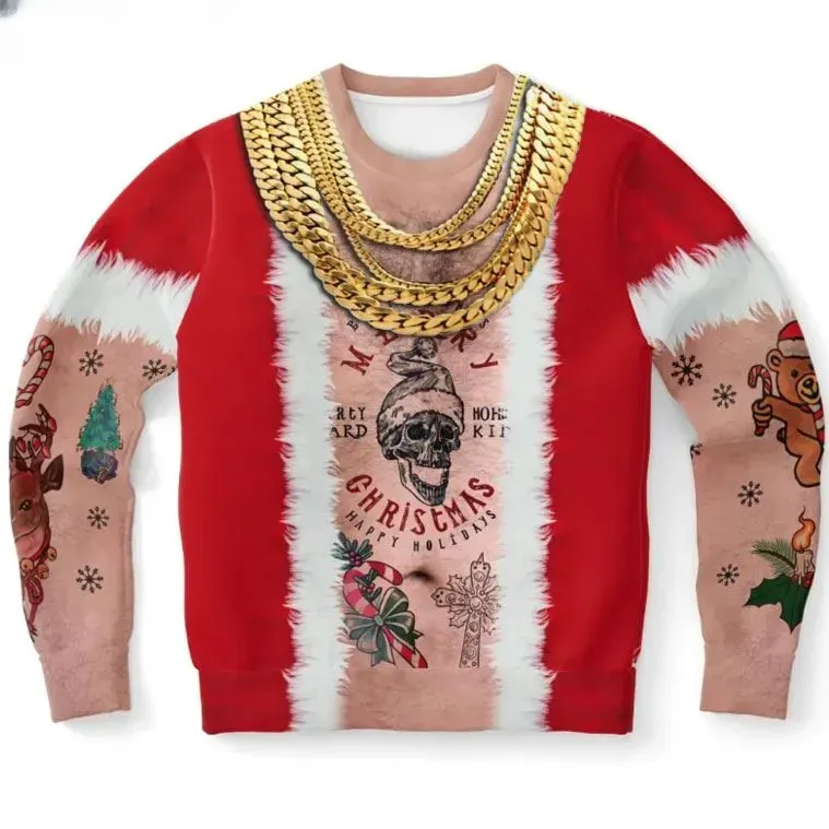 Son Of Santa Hip Hop Funny Ugly Christmas Sweater, Gold Chain Tattoo Costume Holiday Sweater, Xmas Party Outfit For Men