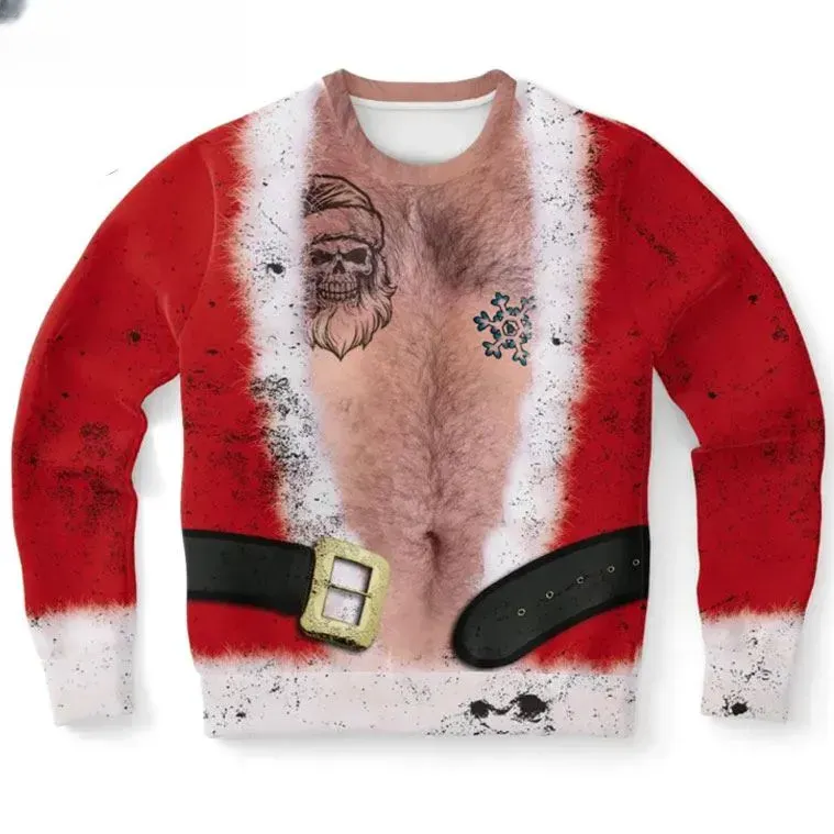 Hairy Chest Santa Funny Ugly Christmas Sweater, Red Suit Costume Holiday Sweater With Black Belt, Xmas Party Outfit For Men