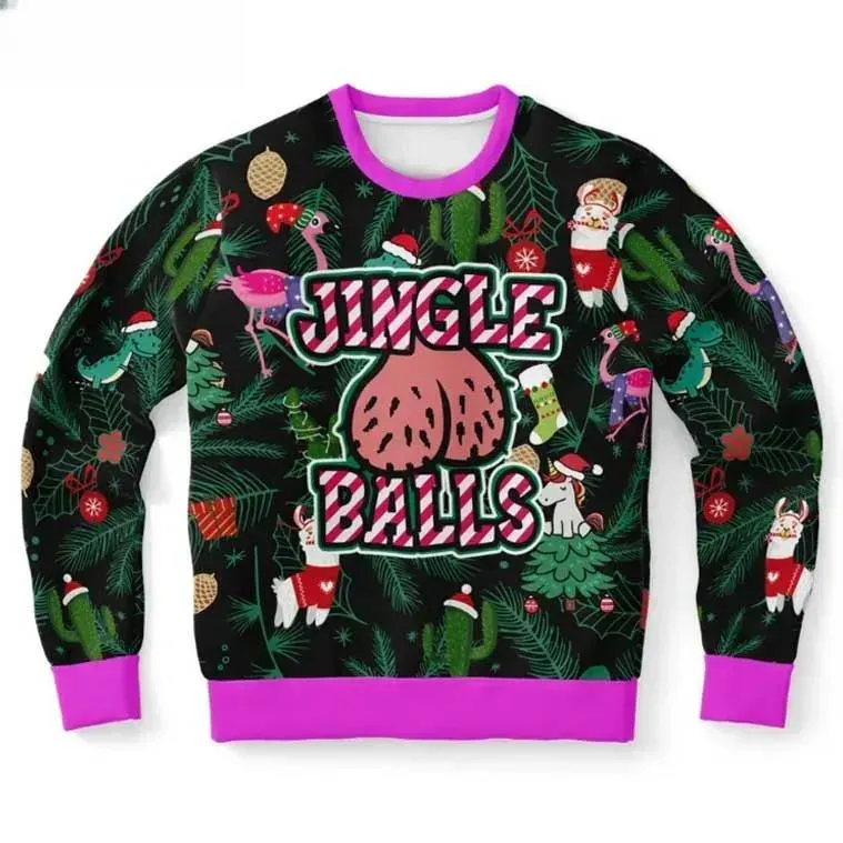 Jingle Balls Funny Ugly Christmas Sweater, Deck The Halls Llama And Flamingo Holiday Sweater, Naughty Tropical Xmas Party Outfit