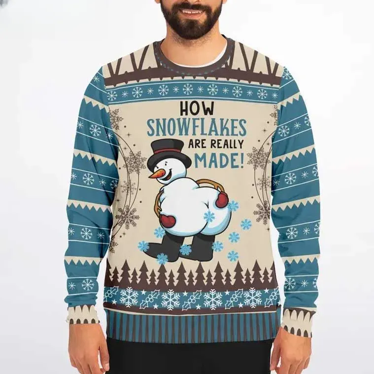 Snowman How Snowflakes Are Really Made Funny Ugly Christmas Sweater, Cheeky Toilet Humor Holiday Sweater, Blue Xmas Party Outfit