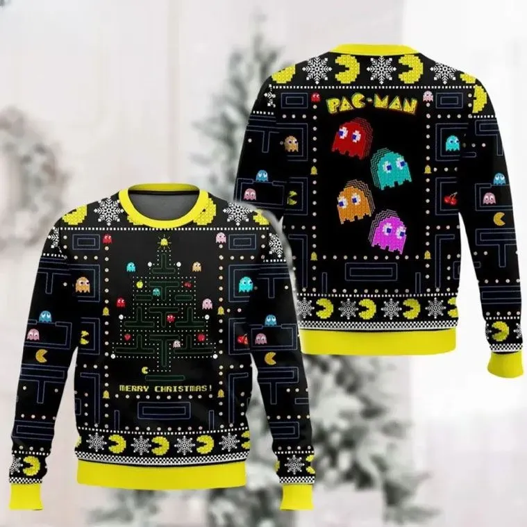 Pac-Man 80s Arcade Game Christmas Ugly Sweater, Retro Gamer Holiday Sweater, Pac-Man Maze Xmas Sweatshirt for Gamers